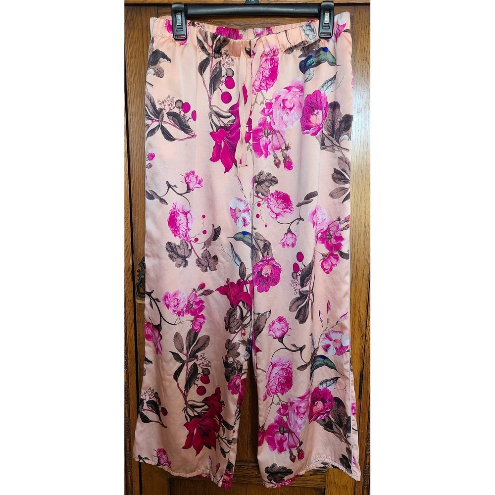 Victorias Secret Pink Floral Hummingbird Satin Pajama Pants Medium Peach